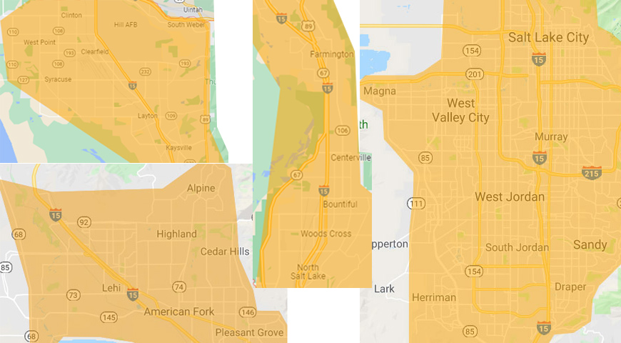 Map of service areas in Salt lake City and Utah County, Utah for Lawn Care MVP